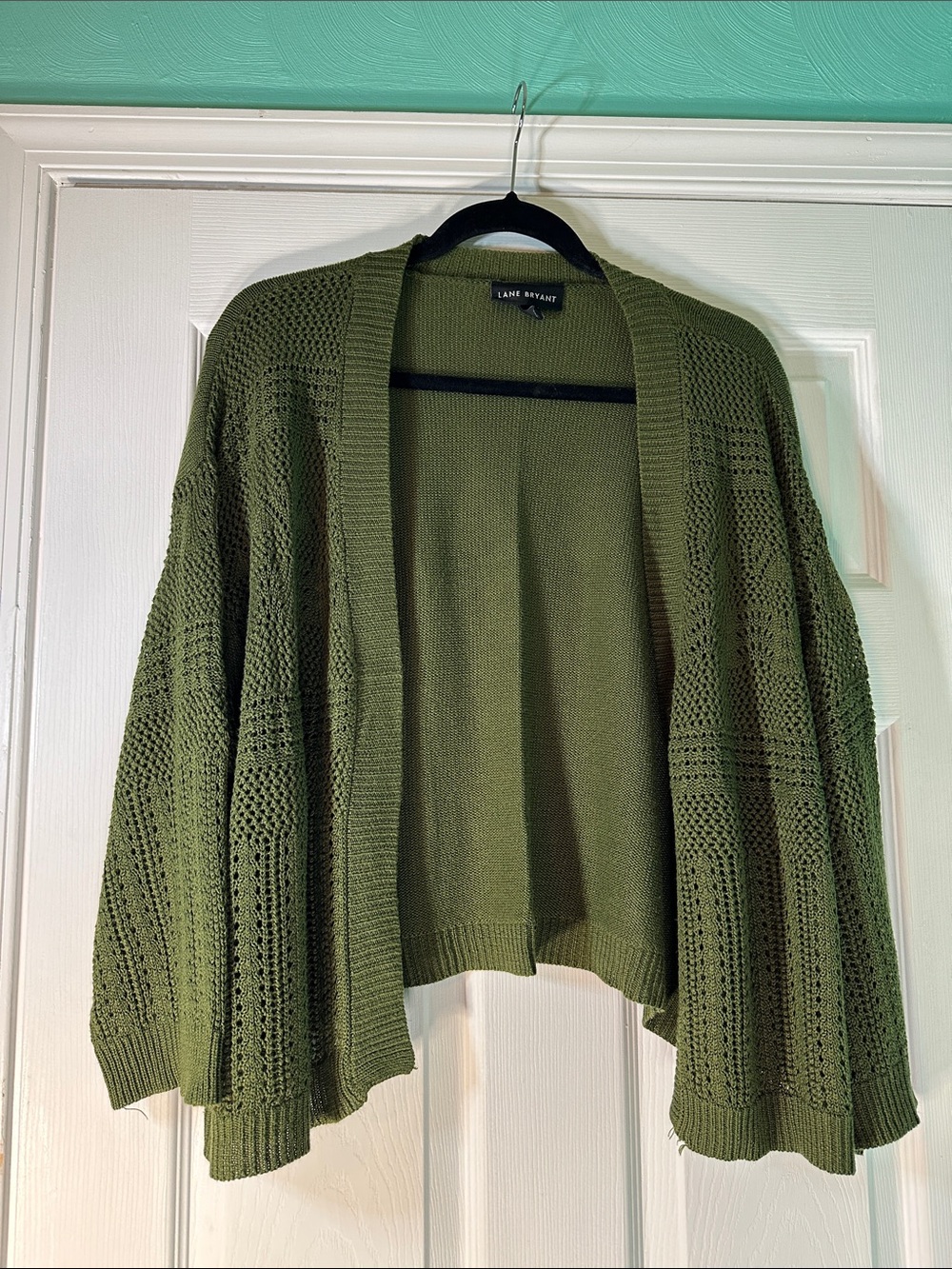 Lane Bryant Olive Open-Front Pointelle Cardigan